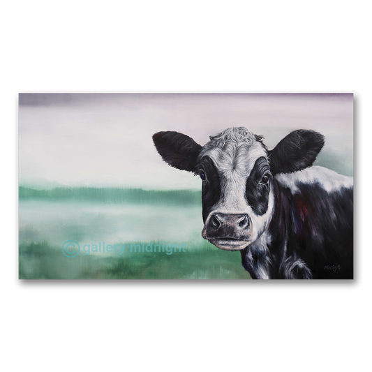 Pat the Cow oil painting by Johny Midnight showing a young black-and-white Friesian cow looking directly at the viewer.