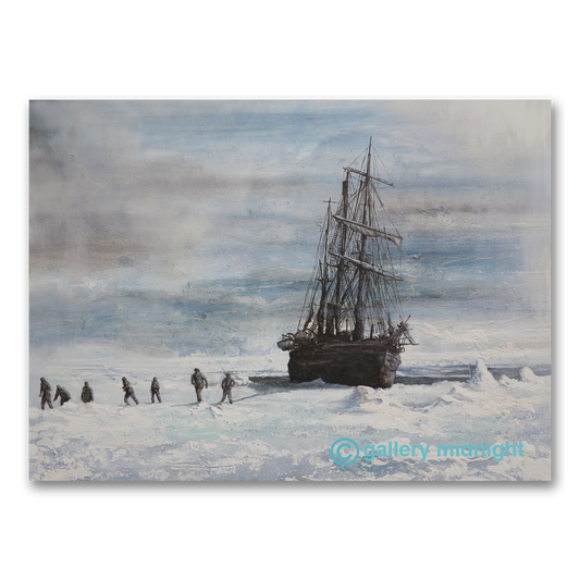 painting of Shackleton’s Endurance trapped in Antarctic ice with crew walking away across frozen ridges under a grey-blue sky.