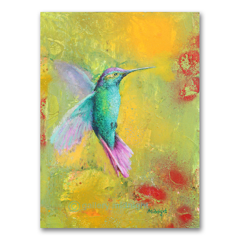 Iridescent turquoise and pink hummingbird in flight against a yellow and green abstract background with red flowers