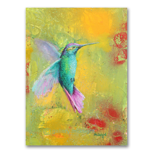 Iridescent turquoise and pink hummingbird in flight against a yellow and green abstract background with red flowers