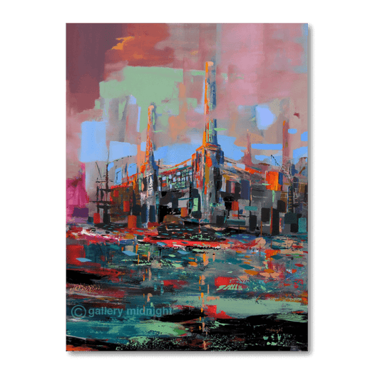 Big Power 3 limited edition print by Johny Midnight showing Battersea Power Station in abstract colour with pink, green and orange tones reflecting on the River Thames