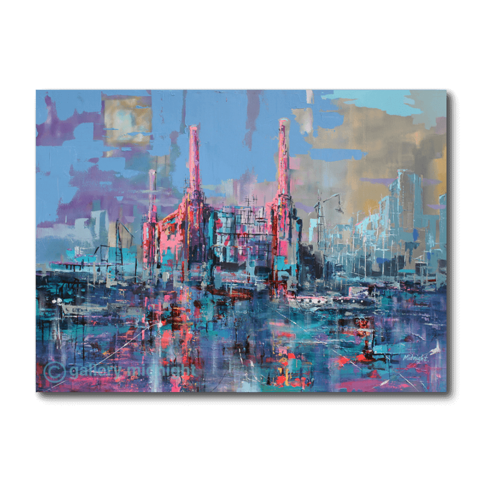 Big Power 5 limited edition print by Johny Midnight showing Battersea Power Station in abstract pink and turquoise with Thames reflections
