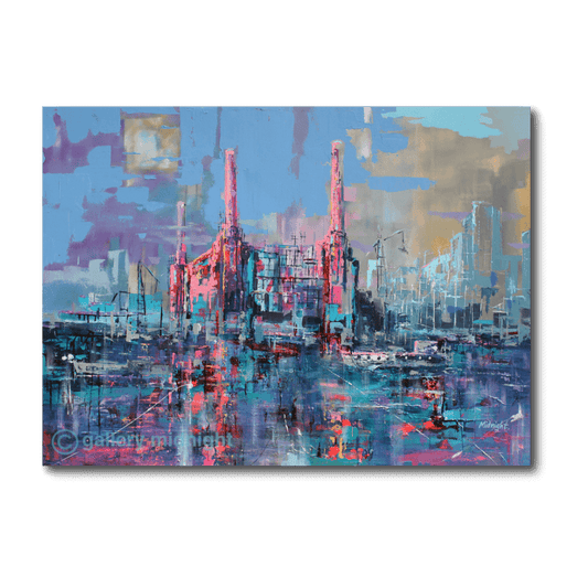 Big Power 5 limited edition print by Johny Midnight showing Battersea Power Station in abstract pink and turquoise with Thames reflections