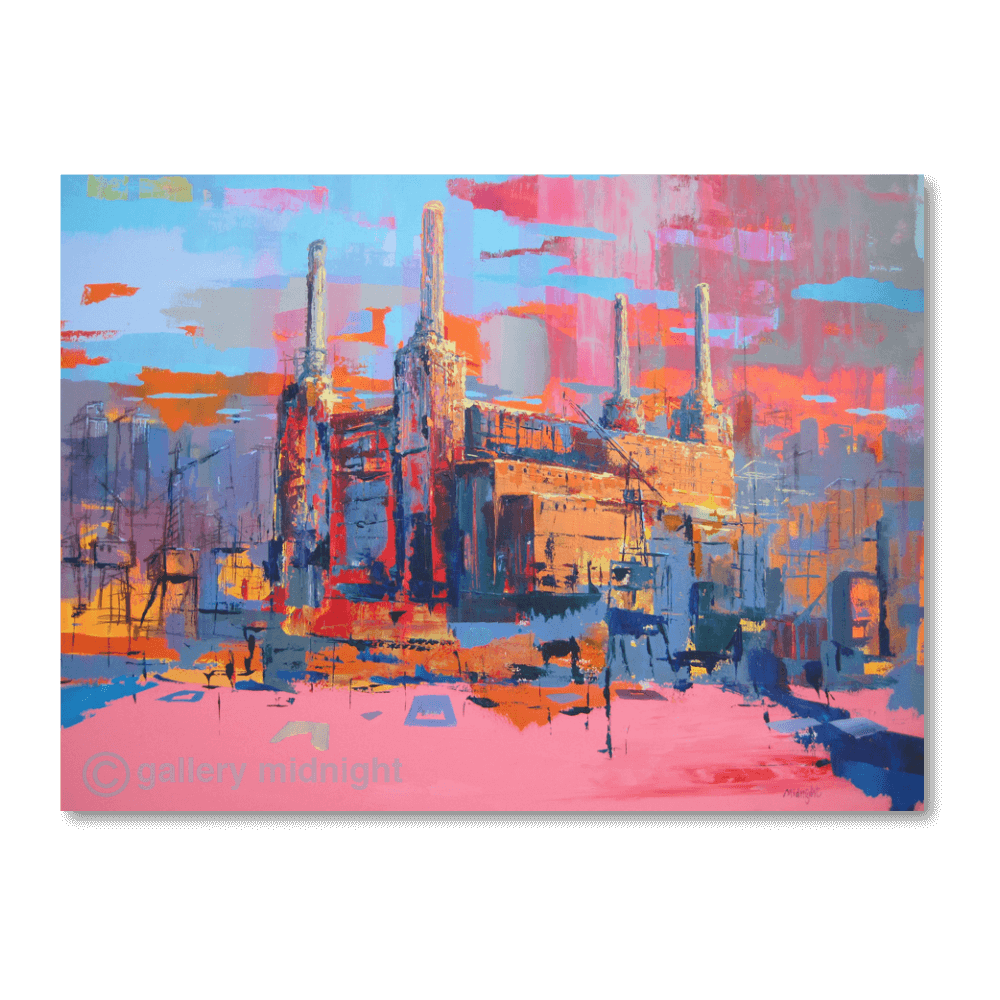Big Power 6 limited edition print by Johny Midnight with abstract pink foreground and Battersea Power Station in orange light