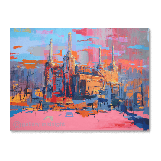 Big Power 6 limited edition print by Johny Midnight with abstract pink foreground and Battersea Power Station in orange light