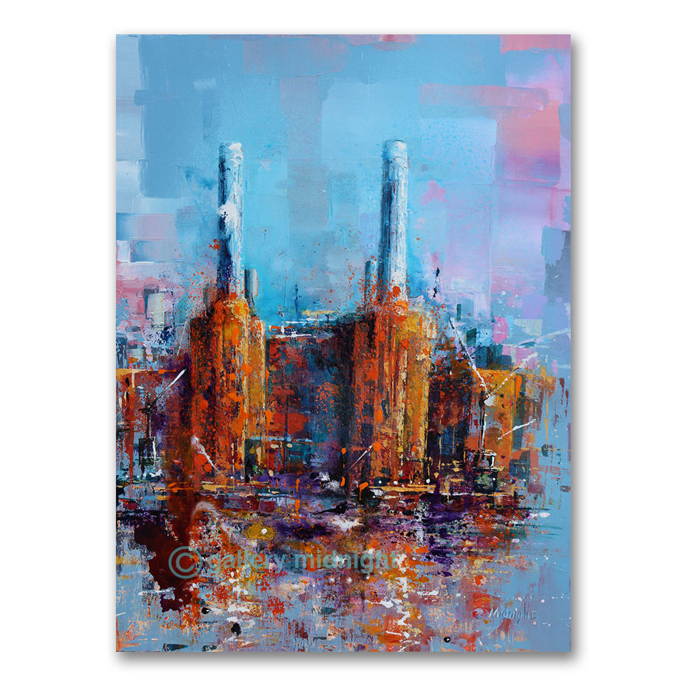 painting of Battersea Power Station by Johny Midnight, front view across the River Thames with bold orange and mustard brickwork against an abstract turquoise and pink sky with purple Thames reflections.