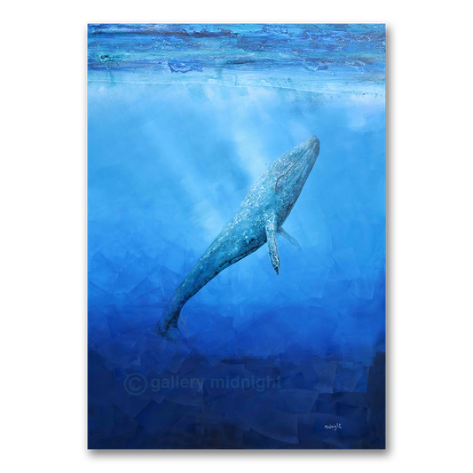 Single blue whale hovering vertically in deep Prussian-blue water, painted with unblended roller marks, by Johny Midnight.