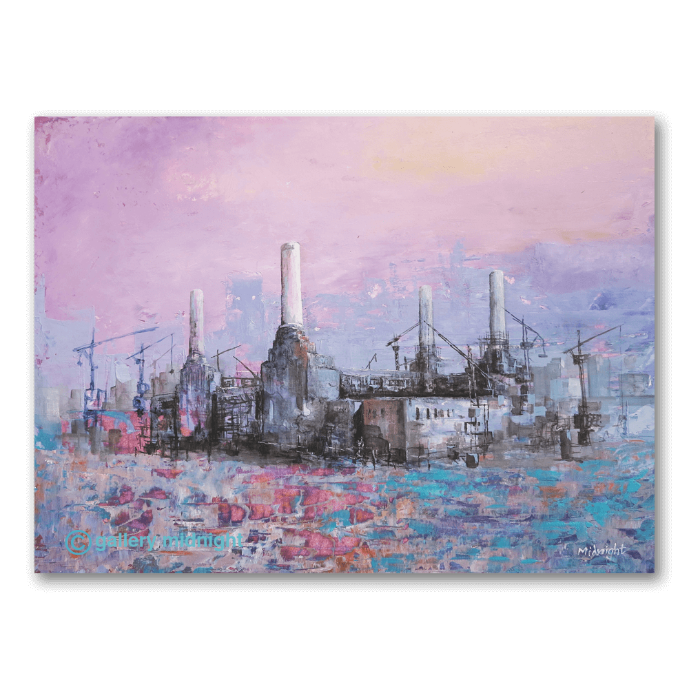 PURPLE POWER - Purple abstract Battersea Power Station print with soft pink sky and architectural line work
