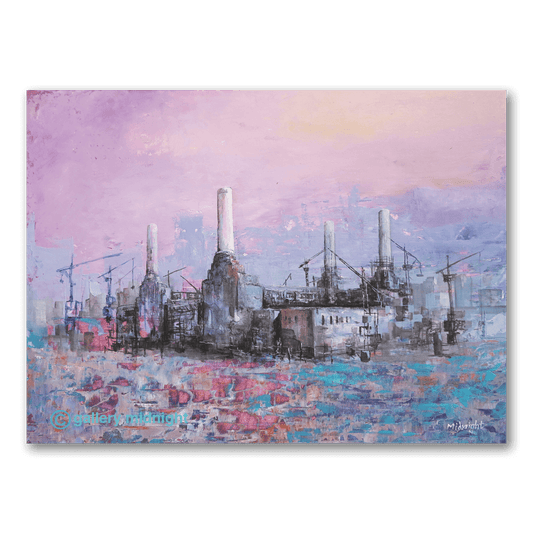 PURPLE POWER - Purple abstract Battersea Power Station print with soft pink sky and architectural line work