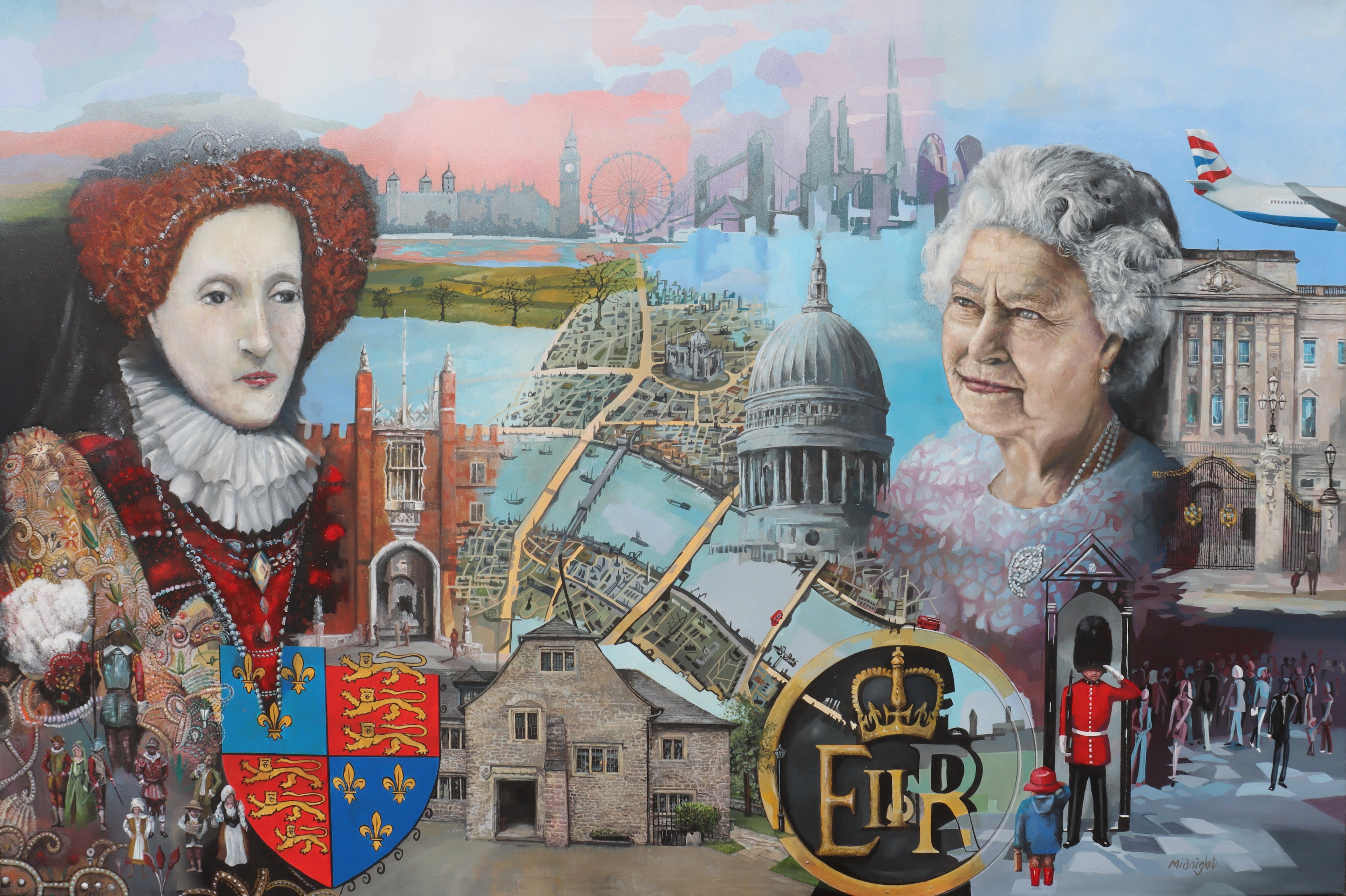 Collage of Queen Elizabeth II and historical elements including a castle, emblem, and landscape.
