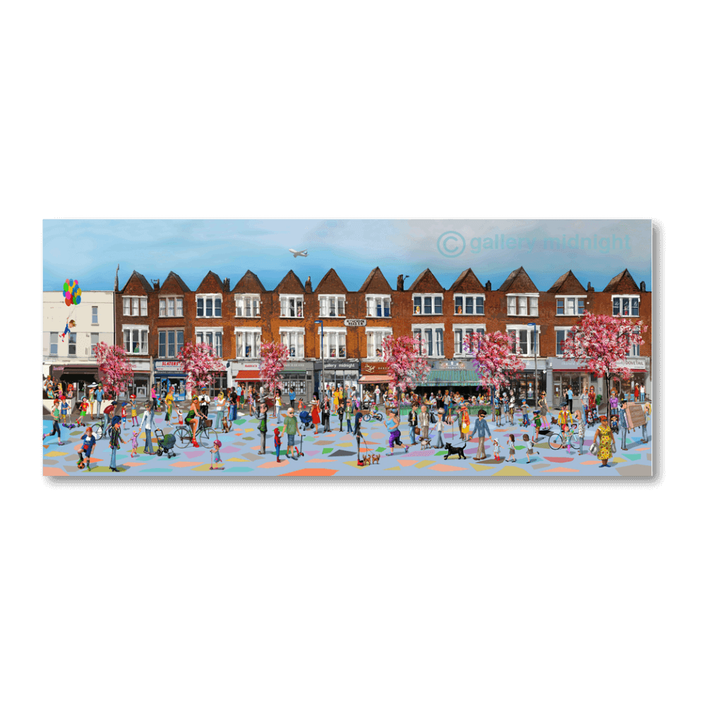 Panoramic Ritherdon Road SW17 street scene with blossom trees, Gallery Midnight and busy South London pavement life