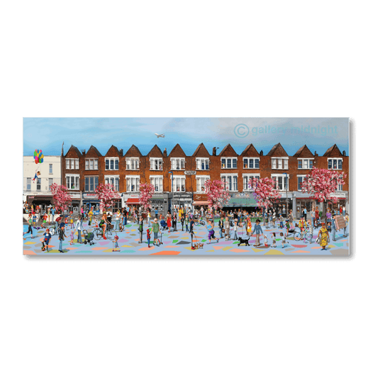 Panoramic Ritherdon Road SW17 street scene with blossom trees, Gallery Midnight and busy South London pavement life