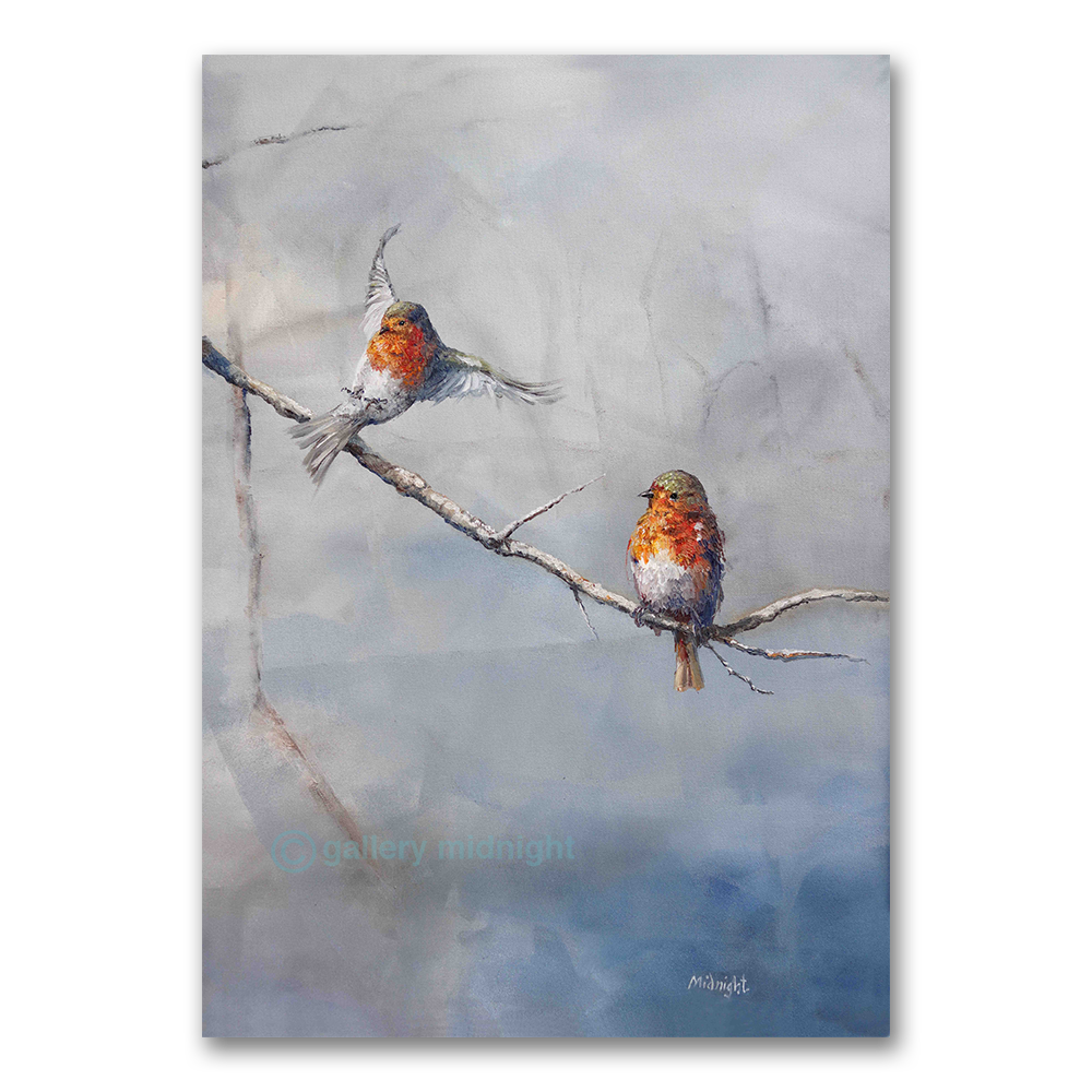 Two robins on a bare branch, one landing clumsily, against a mauve misty wintry sky, by Johny Midnight.