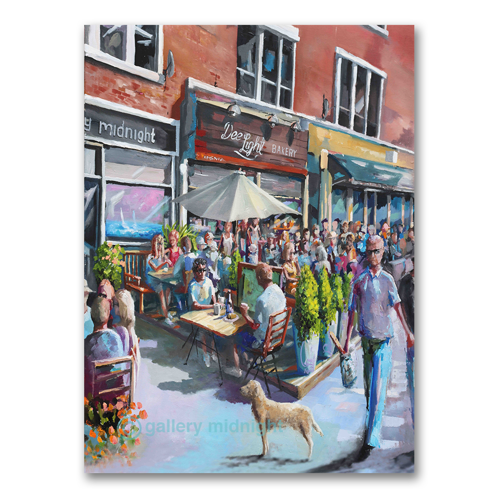 Ritherdon Road Saturday morning scene with Dee Light Bakery queue, park runners and dog outside Gallery Midnight