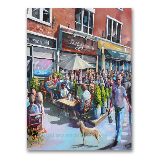 Ritherdon Road Saturday morning scene with Dee Light Bakery queue, park runners and dog outside Gallery Midnight