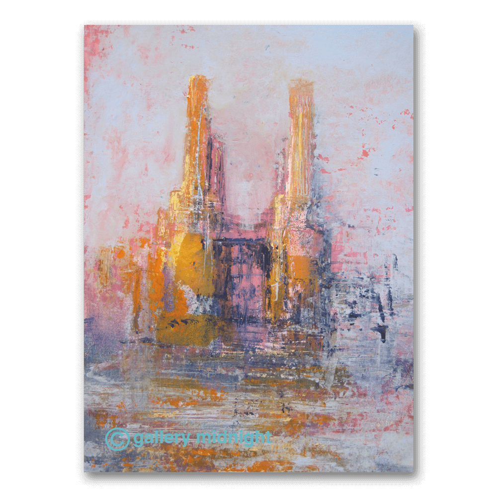Silent Power limited edition print by Johny Midnight showing an impressionistic view of Battersea Power Station with soft pastel colours and abstract river reflections.