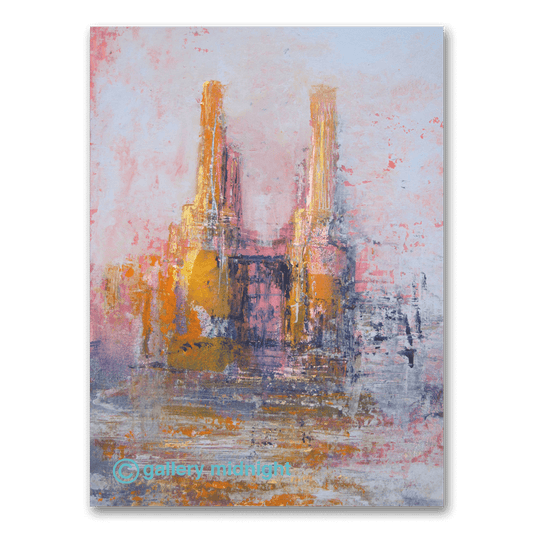 Silent Power limited edition print by Johny Midnight showing an impressionistic view of Battersea Power Station with soft pastel colours and abstract river reflections.