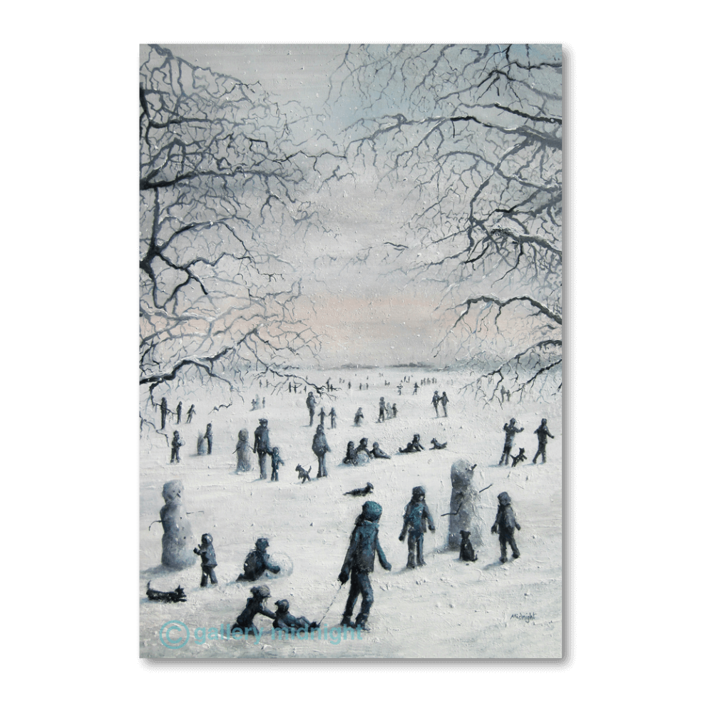 Snow-covered London Common with families building snowmen and children playing, monochrome winter art print