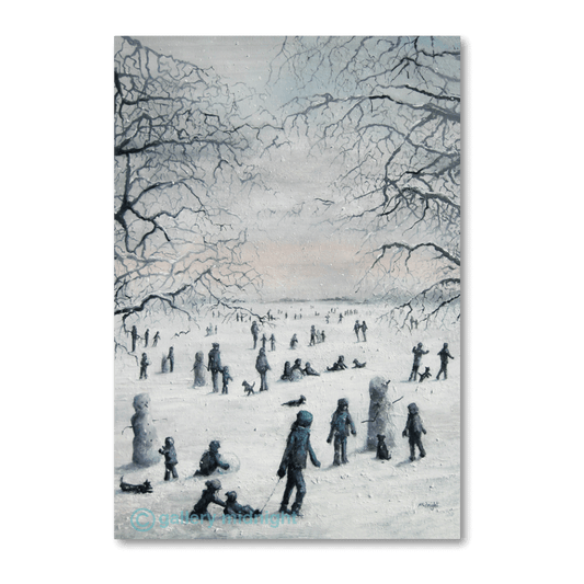 Snow-covered London Common with families building snowmen and children playing, monochrome winter art print