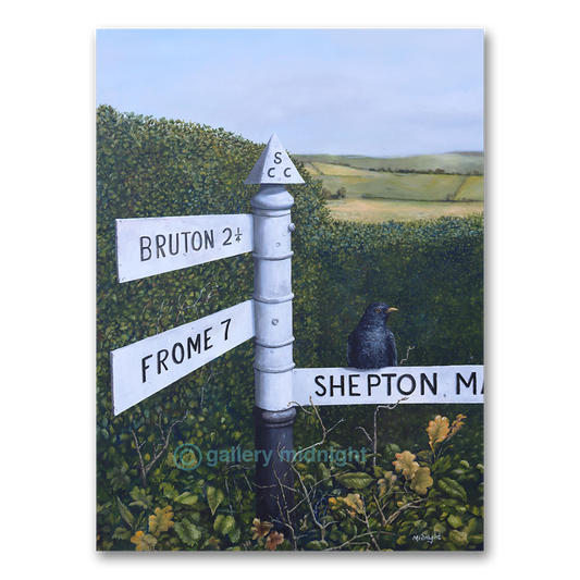 Art print of a signpost with directional signs for Bruton, Frome and Shepton - wth blackbird sitting on it and surround hedge rows and fields
