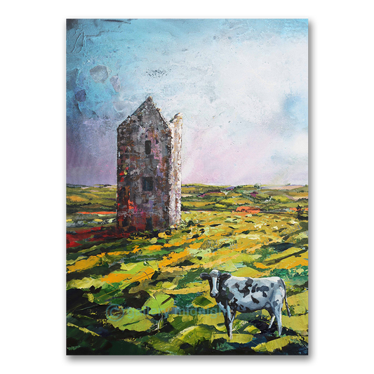 Painting of a tower and cow in a field with a colorful sky.