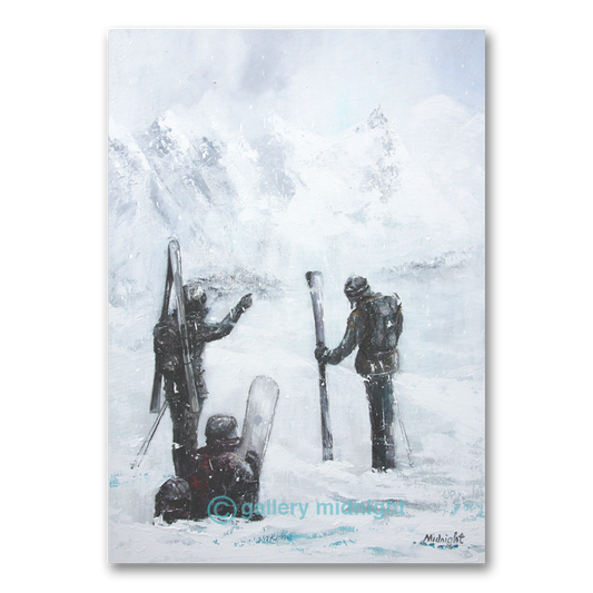Original Skiing print by Johny Midnight showing two skiers and a snowboarder looking up at the Aiguille du Midi in snowy, abstract alpine conditions.