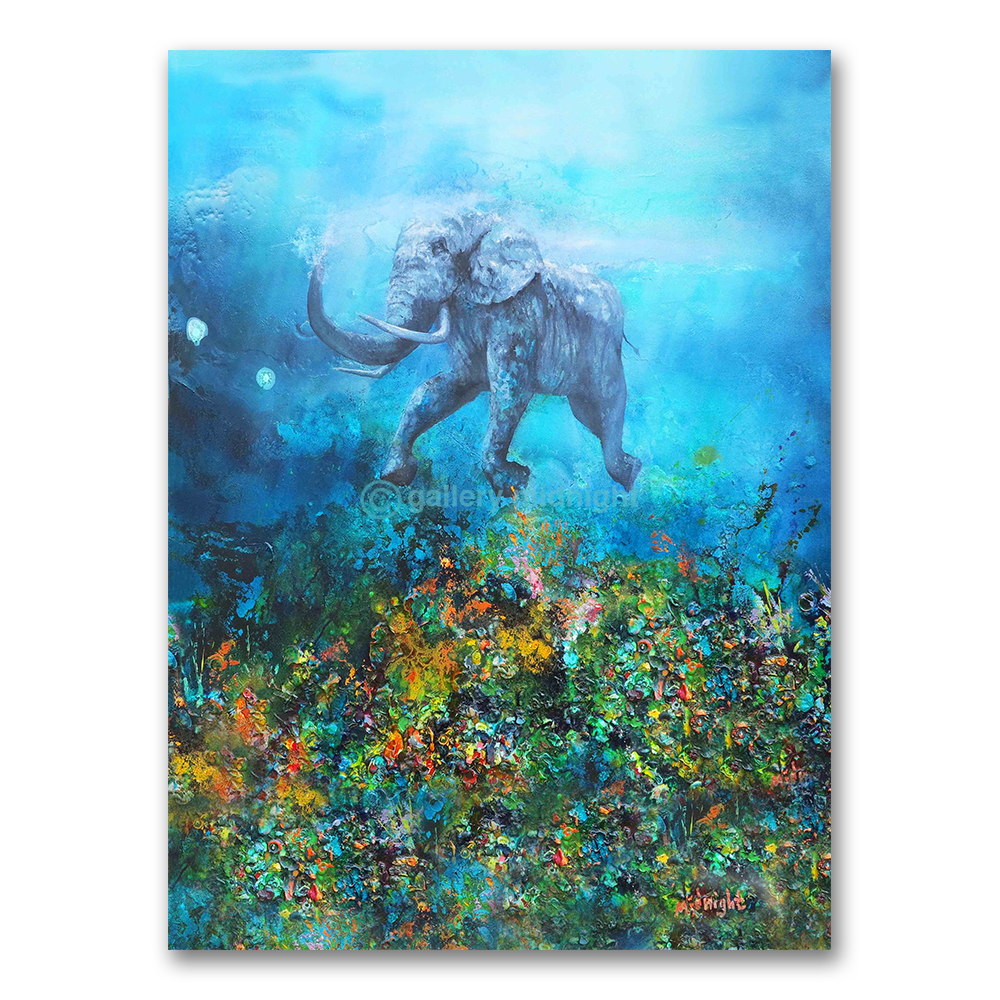 Large African elephant appearing to swim through thick abstract coral-like paint, by Johny Midnight.