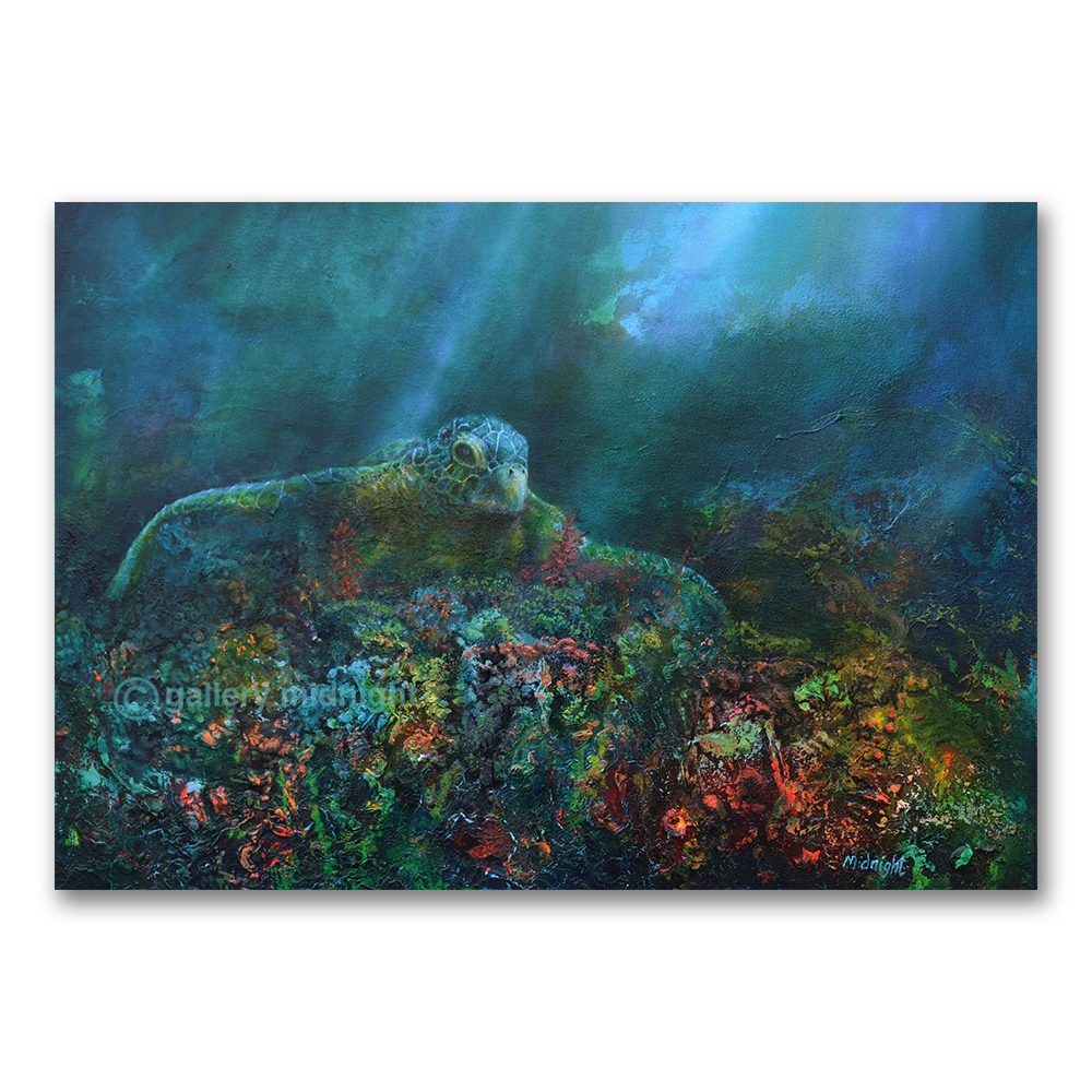 Sea turtle gliding over a textured coral reef with calm water below and stormy light above, by Johny Midnight.