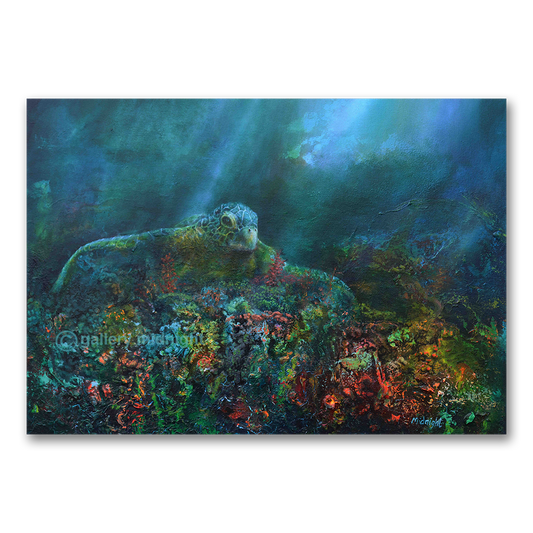 Sea turtle gliding over a textured coral reef with calm water below and stormy light above, by Johny Midnight.