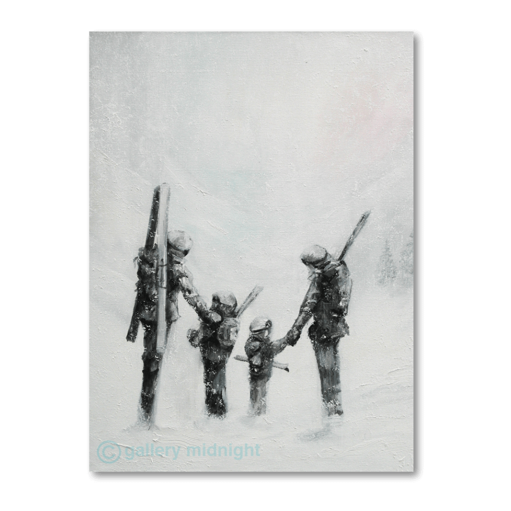 Four skiers — two adults and two children — standing together in a snowy, misty mountain landscape, holding hands and carrying skis, painted in soft monochrome tones with light hints of colour.
