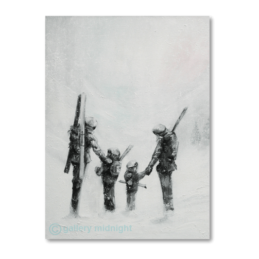 Four skiers — two adults and two children — standing together in a snowy, misty mountain landscape, holding hands and carrying skis, painted in soft monochrome tones with light hints of colour.