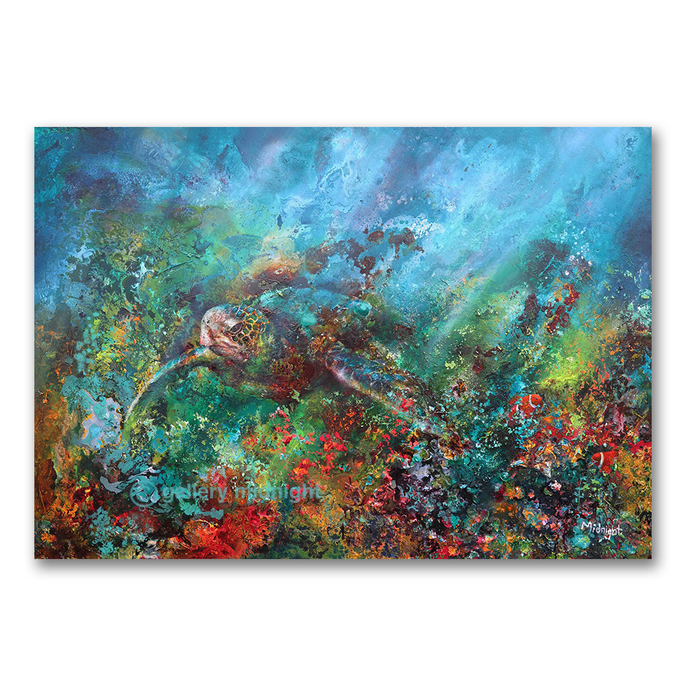 Sea turtle rising through a vivid, densely coloured Caribbean coral reef towards surface light, by Johny Midnight.