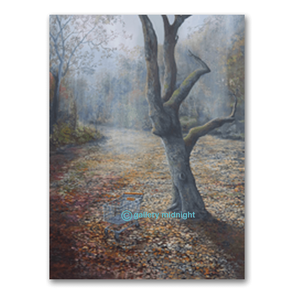 Tooting Bec Common autumn scene with abandoned shopping trolley under misty trees, London art print