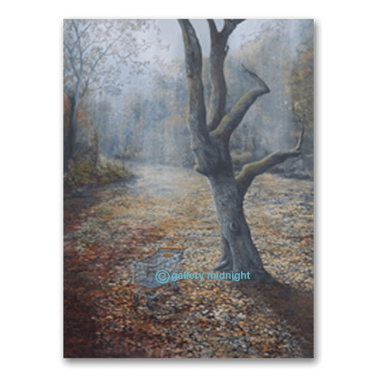Tooting Bec Common autumn scene with abandoned shopping trolley under misty trees, London art print