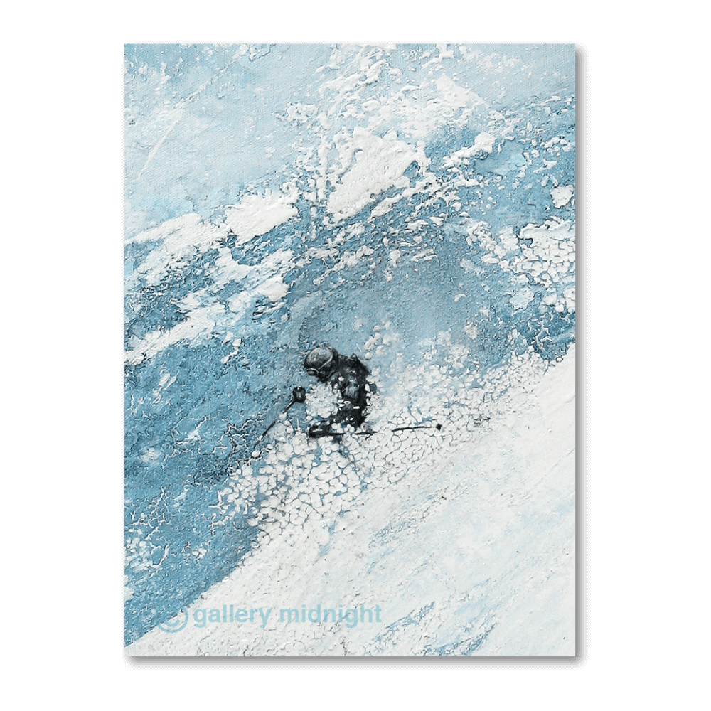 A lone skier carving through deep powder snow, partially silhouetted against a textured blue and white abstract mountain background, painted by Johny Midnight