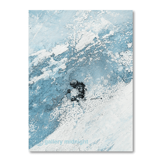 A lone skier carving through deep powder snow, partially silhouetted against a textured blue and white abstract mountain background, painted by Johny Midnight