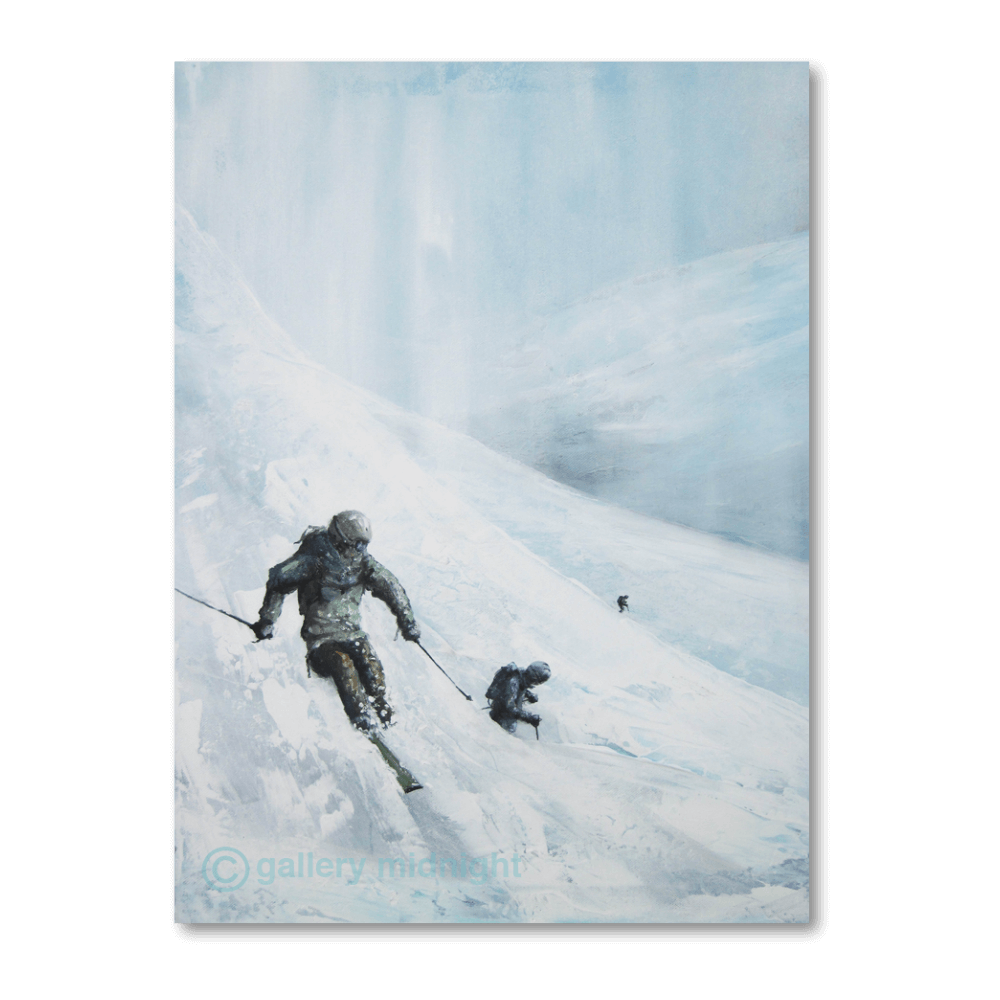 Three skiers descending a steep, exposed alpine slope, with one distant skier heading in the wrong direction high above, painted in glacial whites and pale blues by Johny Midnight.