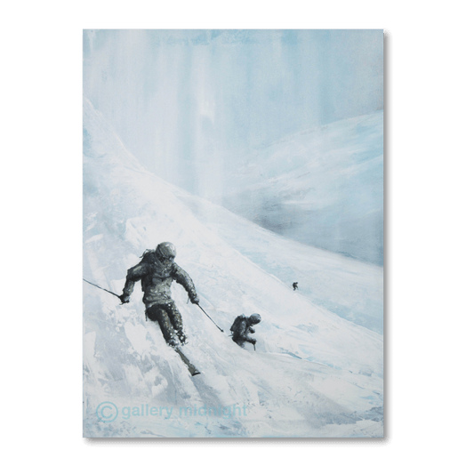 Three skiers descending a steep, exposed alpine slope, with one distant skier heading in the wrong direction high above, painted in glacial whites and pale blues by Johny Midnight.