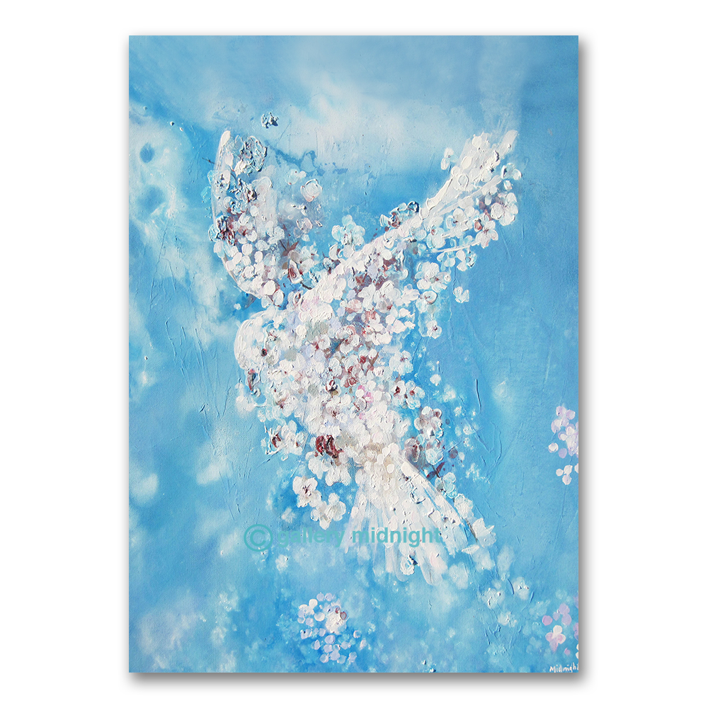 White dove formed from soft springtime blossom petals on a gentle ground, by Johny Midnight.