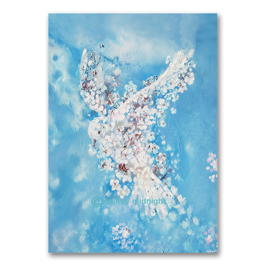 White dove formed from soft springtime blossom petals on a gentle ground, by Johny Midnight.