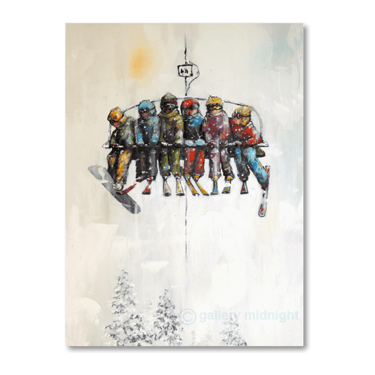 Six people sitting on a chairlift, five skiers and one snowboarder, suspended above snow-covered trees on a misty mountain day.