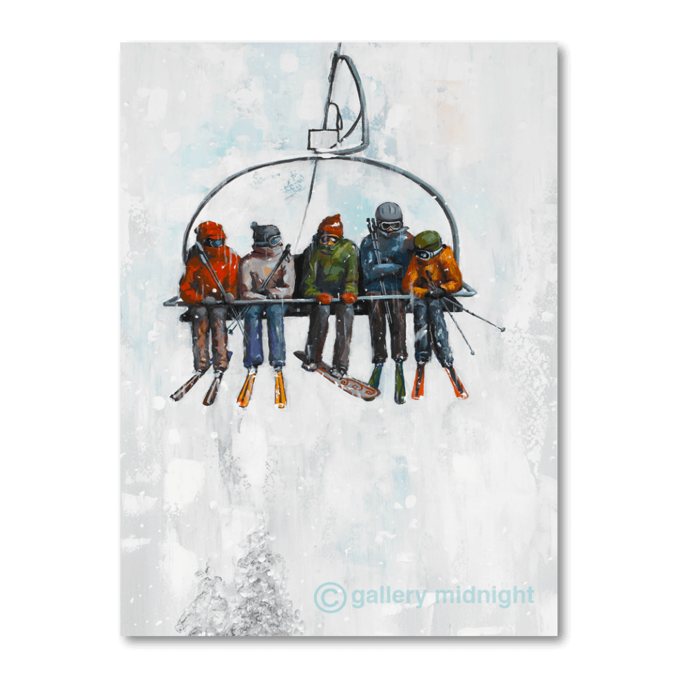 Painting of five people on a ski chairlift with one snowboarder in the middle, surrounded by skiers, set against a snowy abstract background by Johny Midnight.