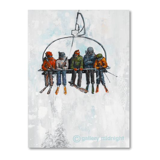 Painting of five people on a ski chairlift with one snowboarder in the middle, surrounded by skiers, set against a snowy abstract background by Johny Midnight.
