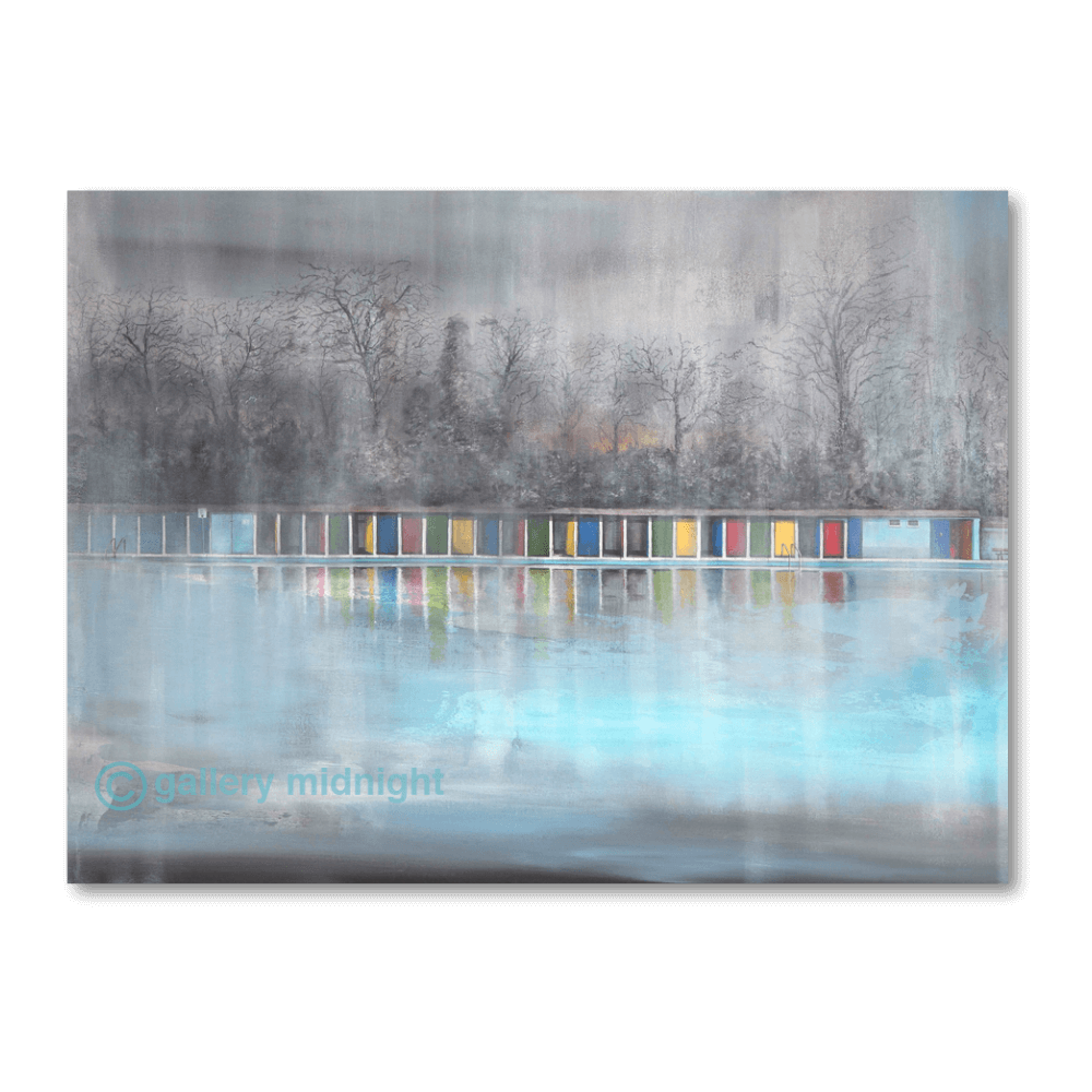 Winter Lido painting depicting Tooting Bec Lido on a cold winter morning with steam rising from the water and colourful changing cabins reflected below