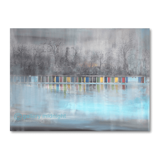 Winter Lido painting depicting Tooting Bec Lido on a cold winter morning with steam rising from the water and colourful changing cabins reflected below
