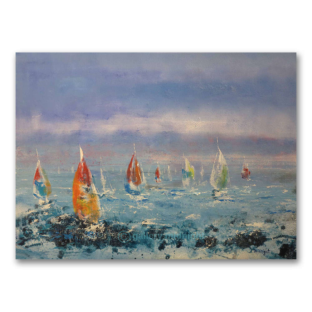 Small sailing boats driving before the wind with bright spinnakers against a Caribbean sea and sky, by Johny Midnight.