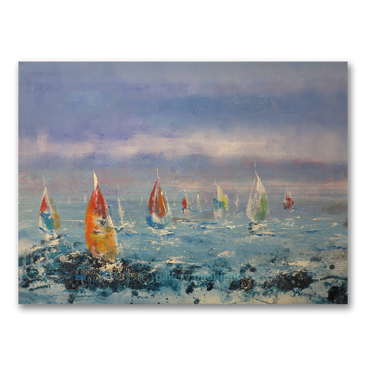 Small sailing boats driving before the wind with bright spinnakers against a Caribbean sea and sky, by Johny Midnight.