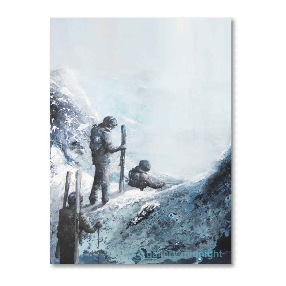 Abstract alpine painting by Johny Midnight showing three skiers on a snowy ridge, one disappearing into a steep gully, painted in blues, greys, and white snow.