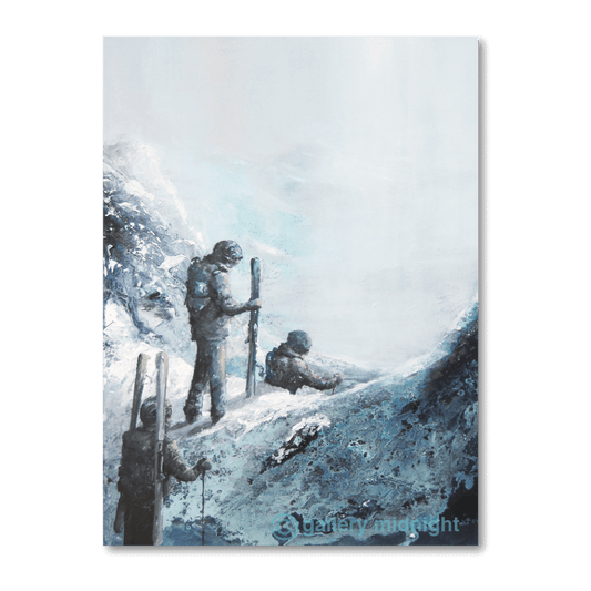 Abstract alpine painting by Johny Midnight showing three skiers on a snowy ridge, one disappearing into a steep gully, painted in blues, greys, and white snow.
