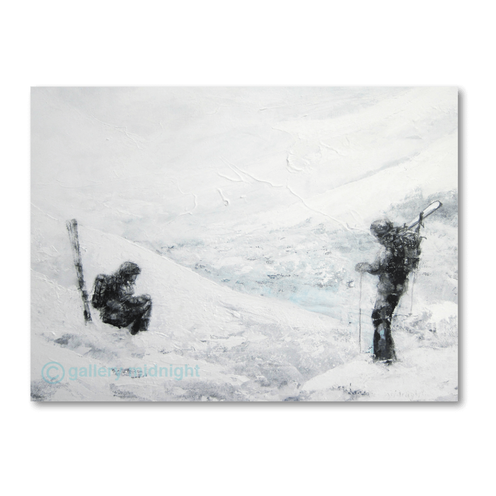 Two skiers stopped on a rough glacier slope, one sitting in the snow while the other waits with skis over his shoulder.